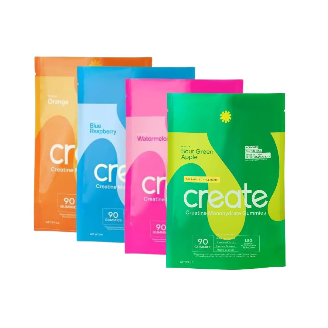 Create Creatine Monohydrate Gummies - 4 Variety Pack - Boost Focus, Strength, and Endurance, 1.5g Creatine per Gummy (Orange, Blue Raspberry, Watermelon, and Sour Green Apple)