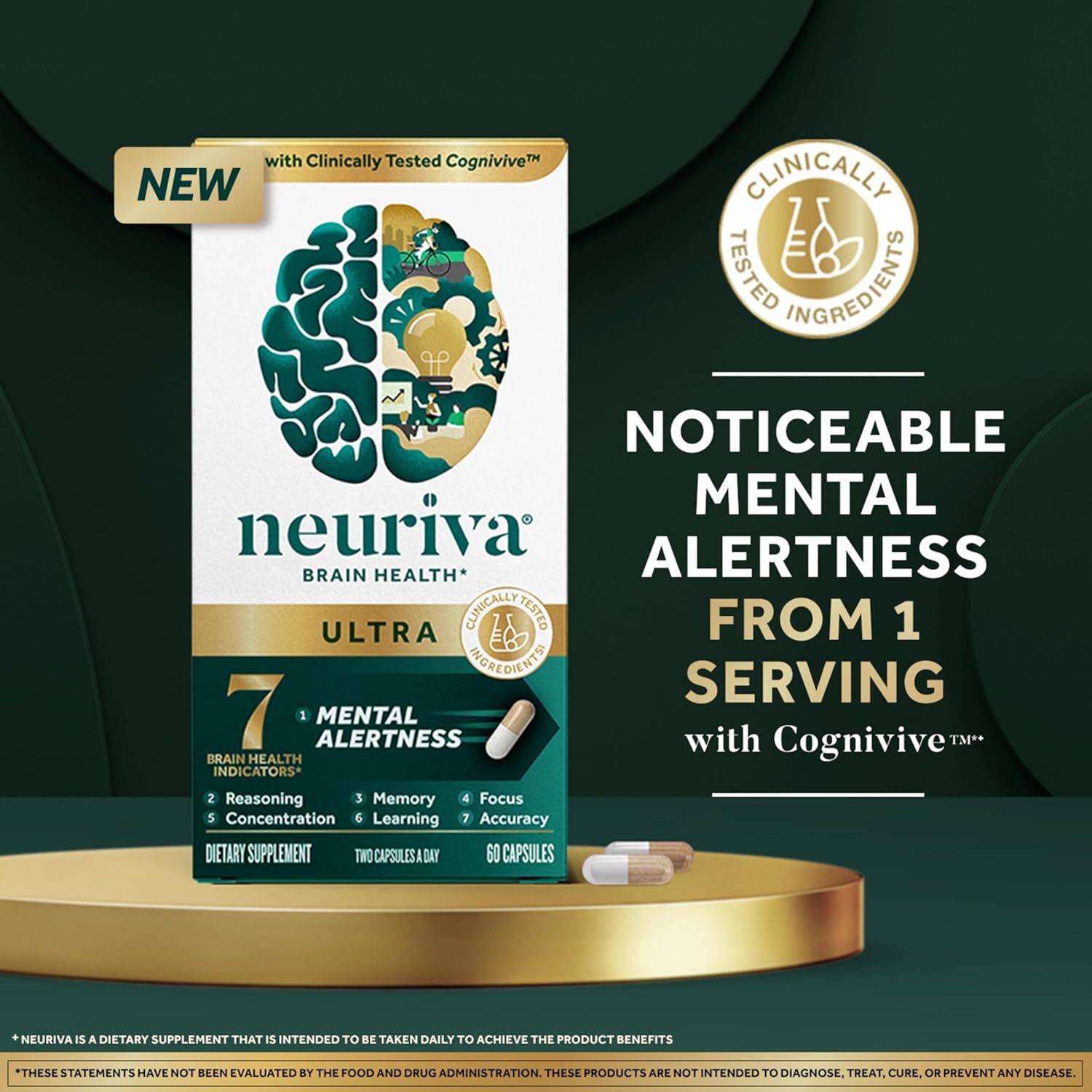NEURIVA Ultra Decaffeinated Clinically Tested Nootropic Brain Supplement for Mental Alertness, Memory, Focus