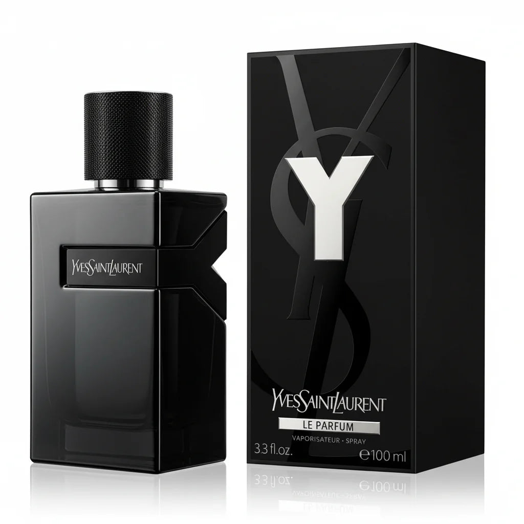 Black YSL perfume bottle and packaging on a white background