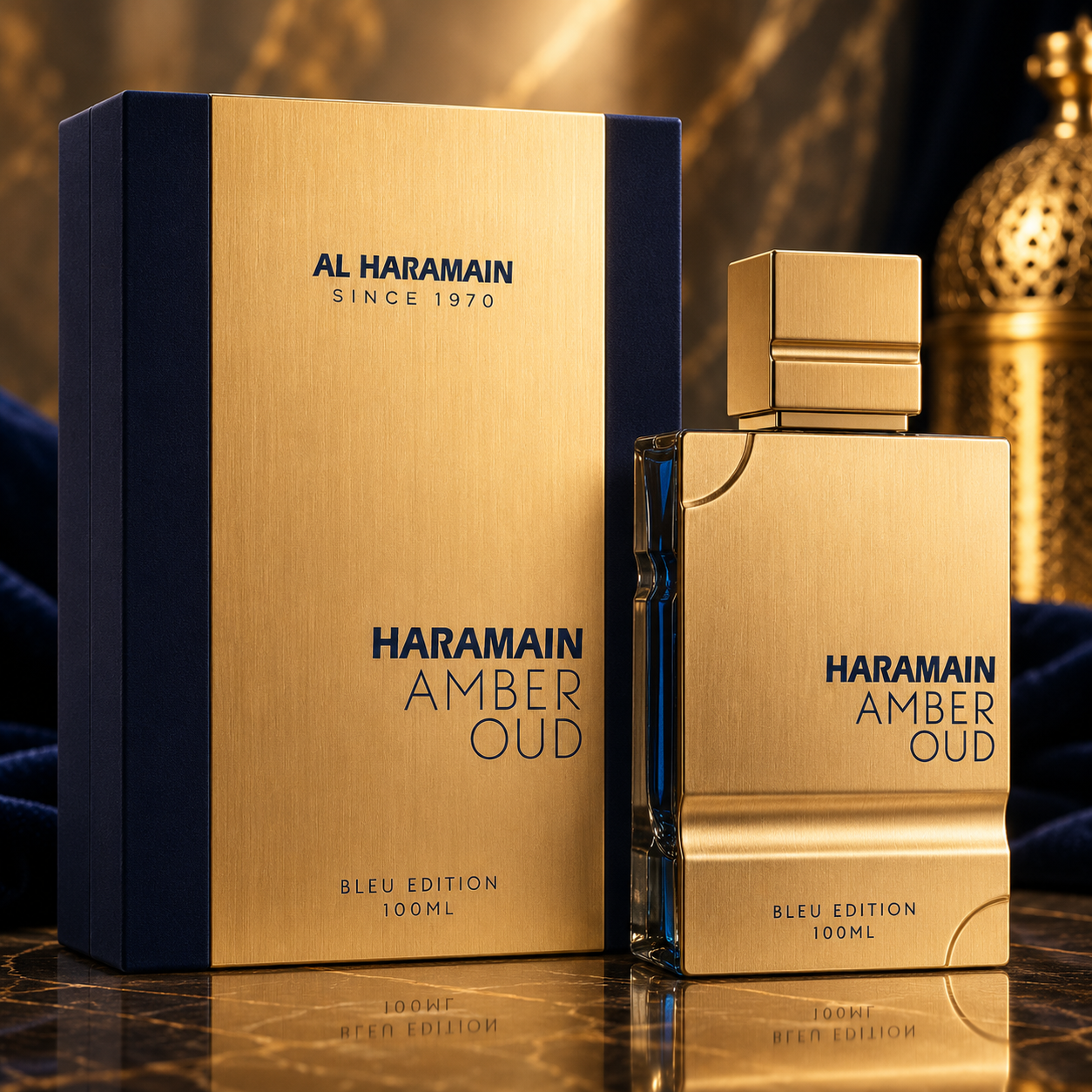 Haramain Amber Oud perfume bottle and packaging on a reflective surface with a blurred background