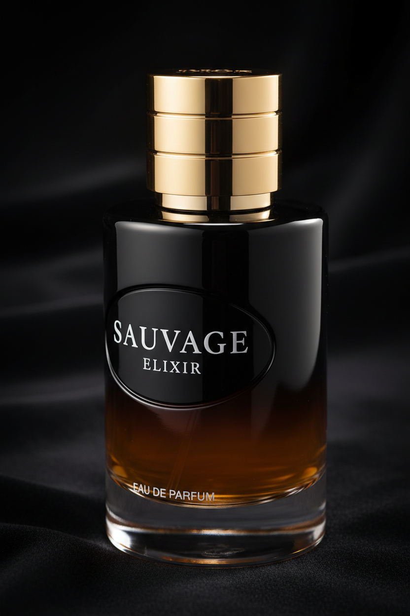 Close-up Dior Sauvage Elixir bottle showing dark gradient and gold cap