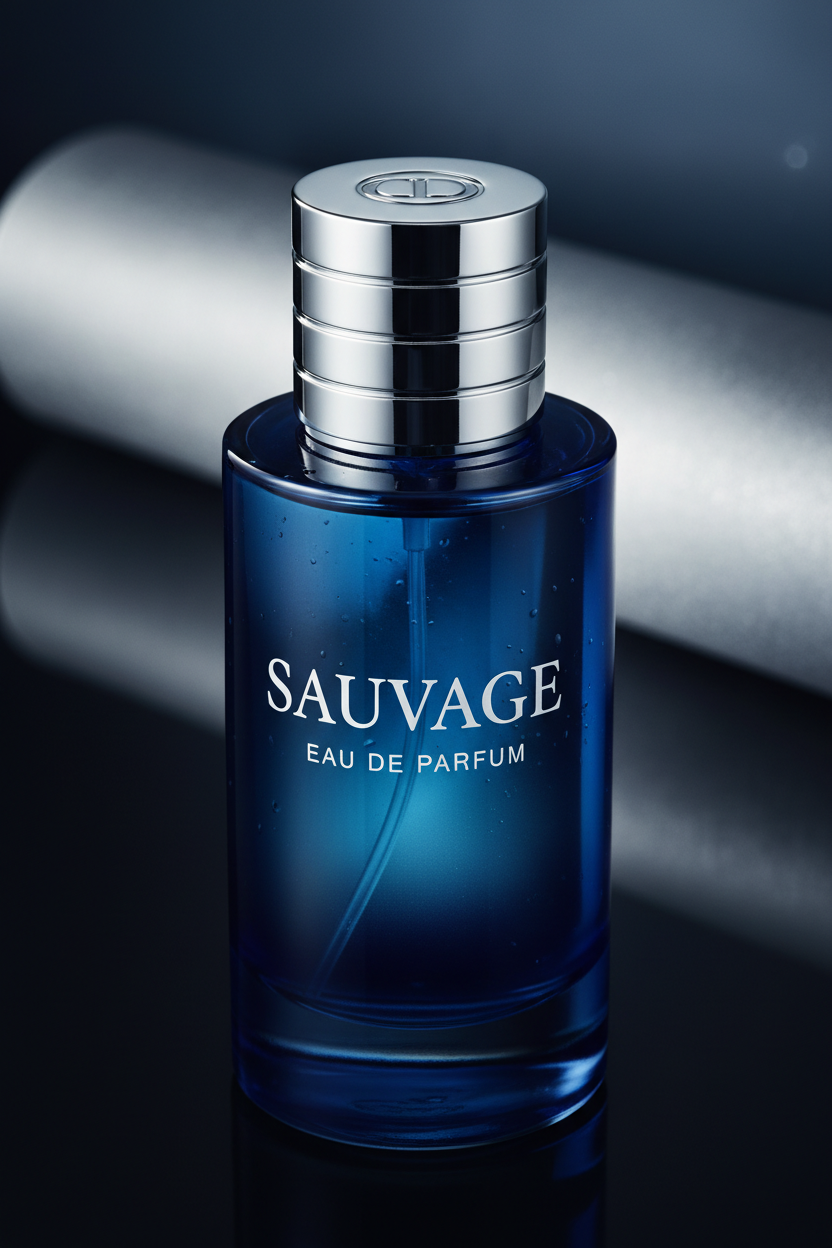 Close-up Dior Sauvage EDP bottle showing blue gradient and silver spray cap