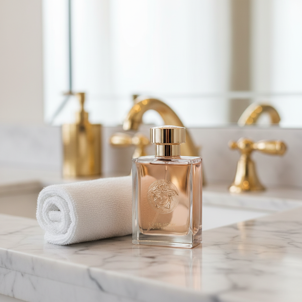 Versace Man Eau Fraiche EDT bottle on sleek Italian marble bathroom counter with gold fixtures