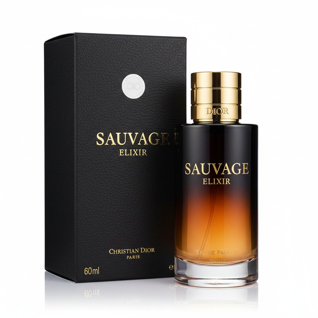 Dior Sauvage Elixir 60ml dark amber bottle with gold cap and premium box