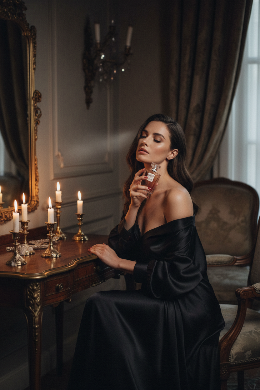 Woman wearing Chanel Coco Mademoiselle L'Eau Privée Night in elegant evening setting
