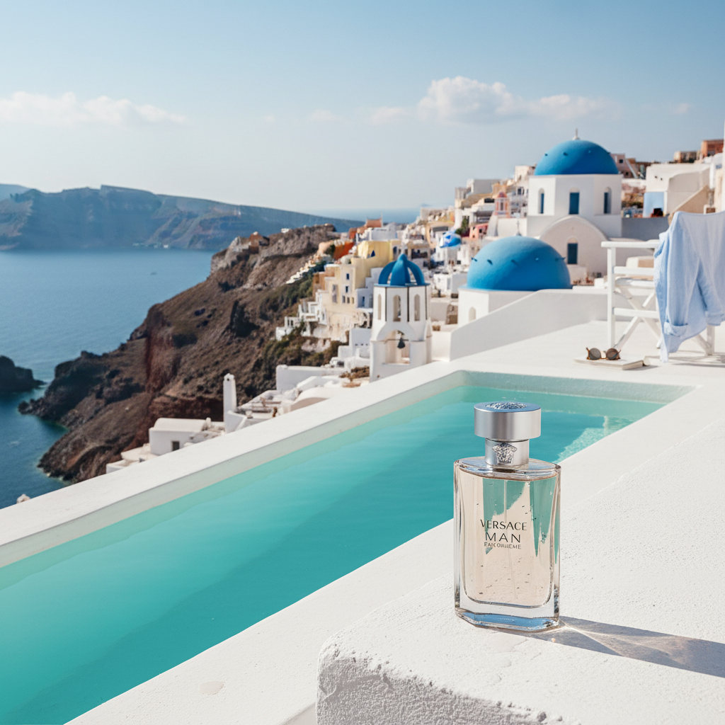 Versace Man Eau Fraiche EDT bottle on sun-drenched Santorini rooftop with white architecture and Aegean sea