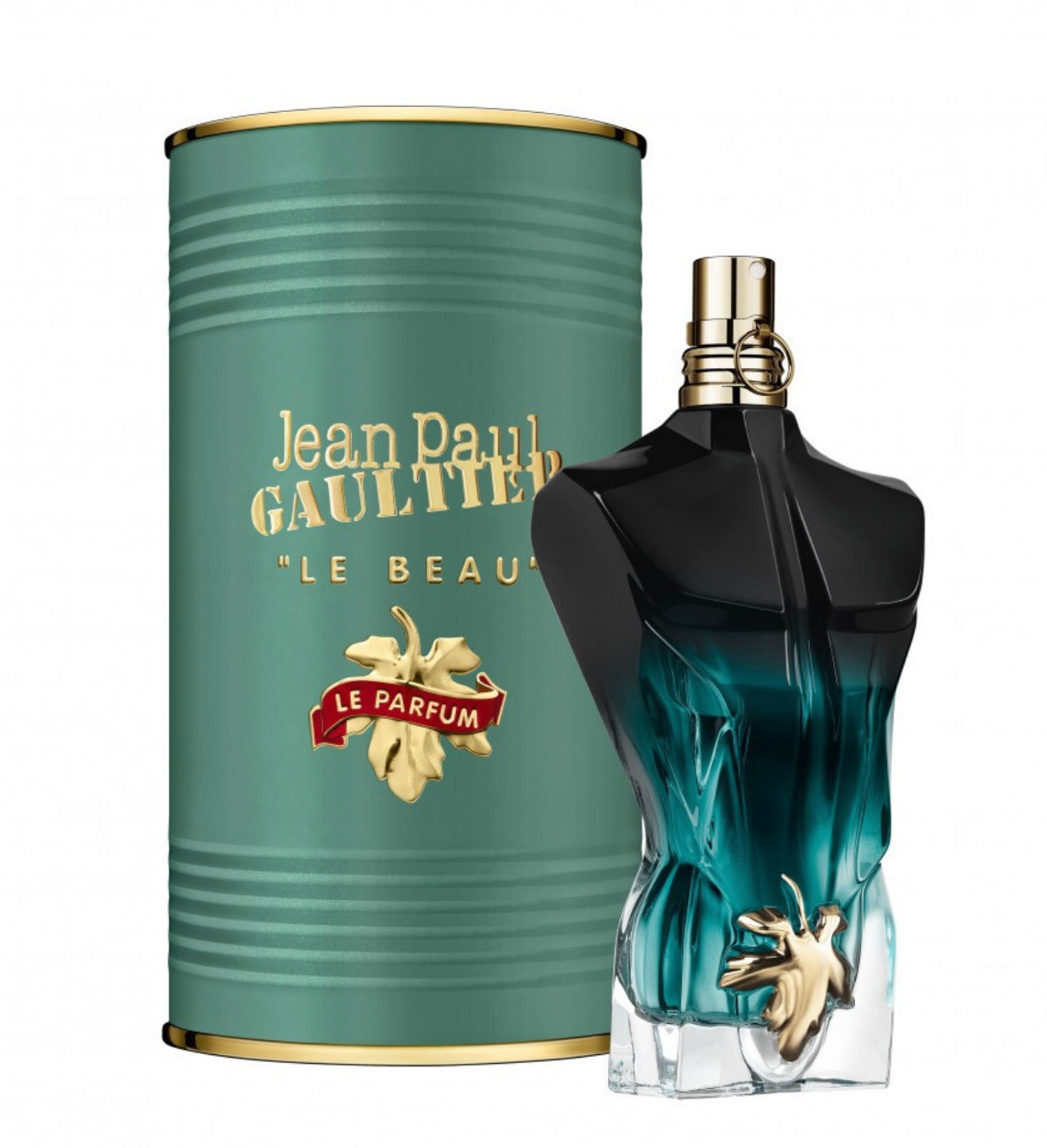 Jean Paul Gaultier perfume bottle and green cylindrical container on a white background