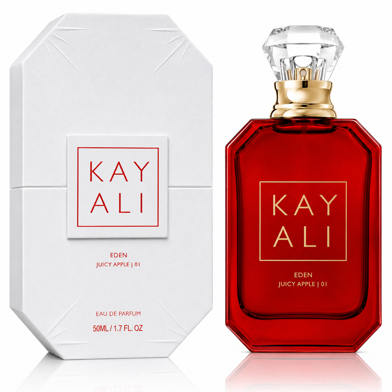 Red perfume bottle and white packaging with 'KAY ALI' branding on a white background