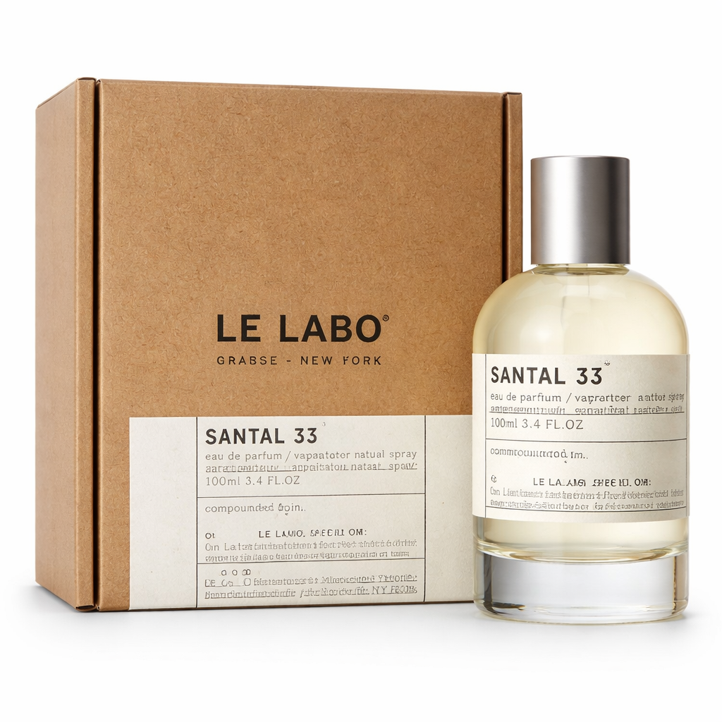 Le Labo Santal 33 eau de parfum bottle and packaging on a white background