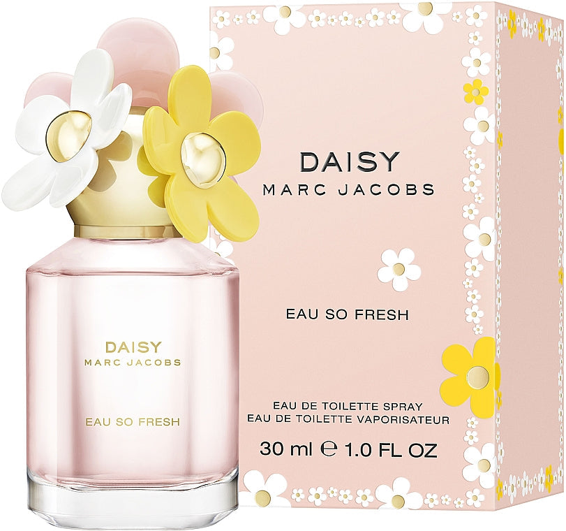 Marc Jacobs Daisy Eau So Fresh perfume bottle and packaging with floral design.