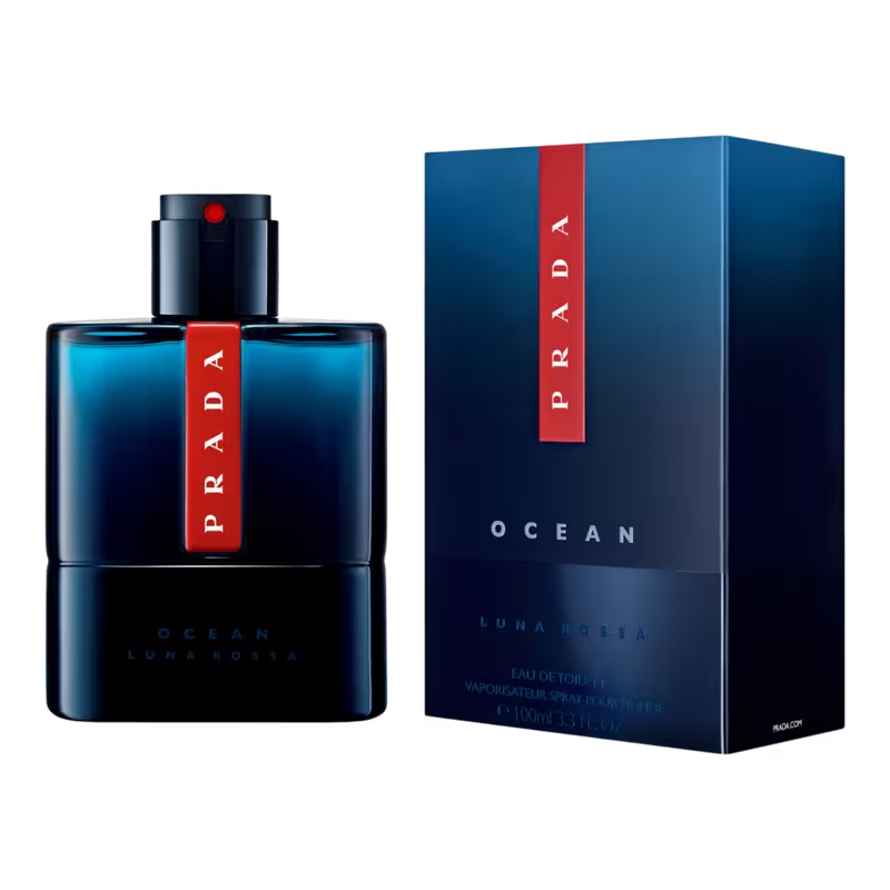 Prada Luna Rohr Prada Ocean perfume bottle and packaging on a white background