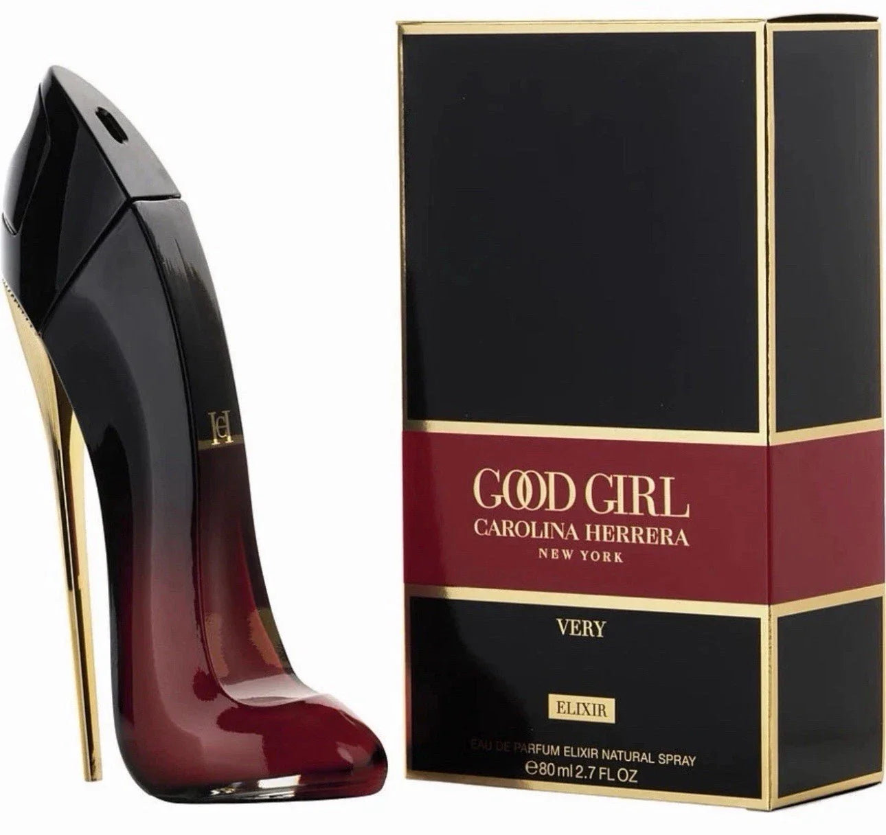Black high-heeled shoe and Carolina Herrera 'Good Girl' perfume box on a white background
