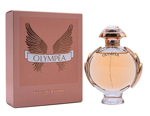 Olympea perfume bottle and packaging on a white background