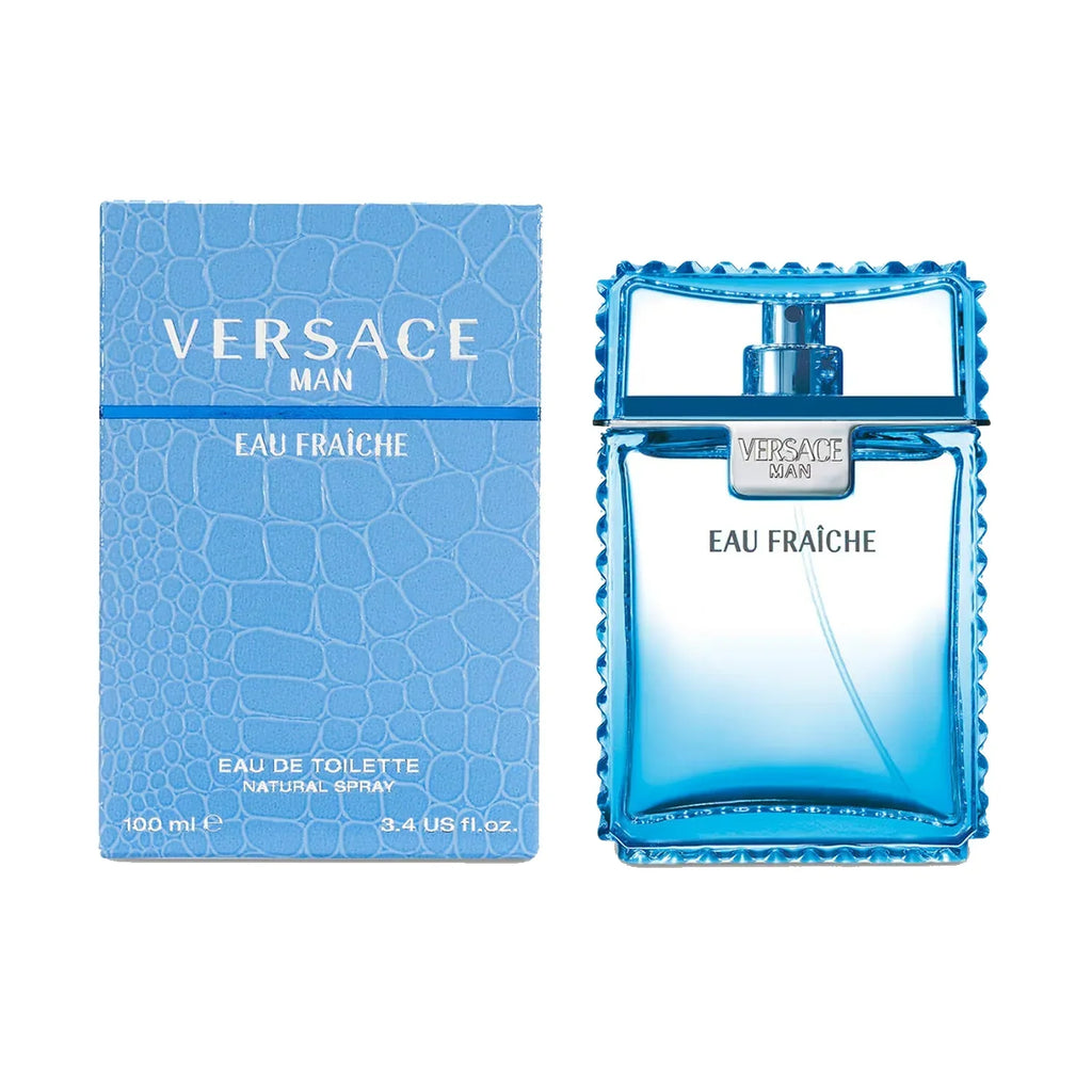Versace Man Eau Fraçèche perfume bottle and packaging on a white background