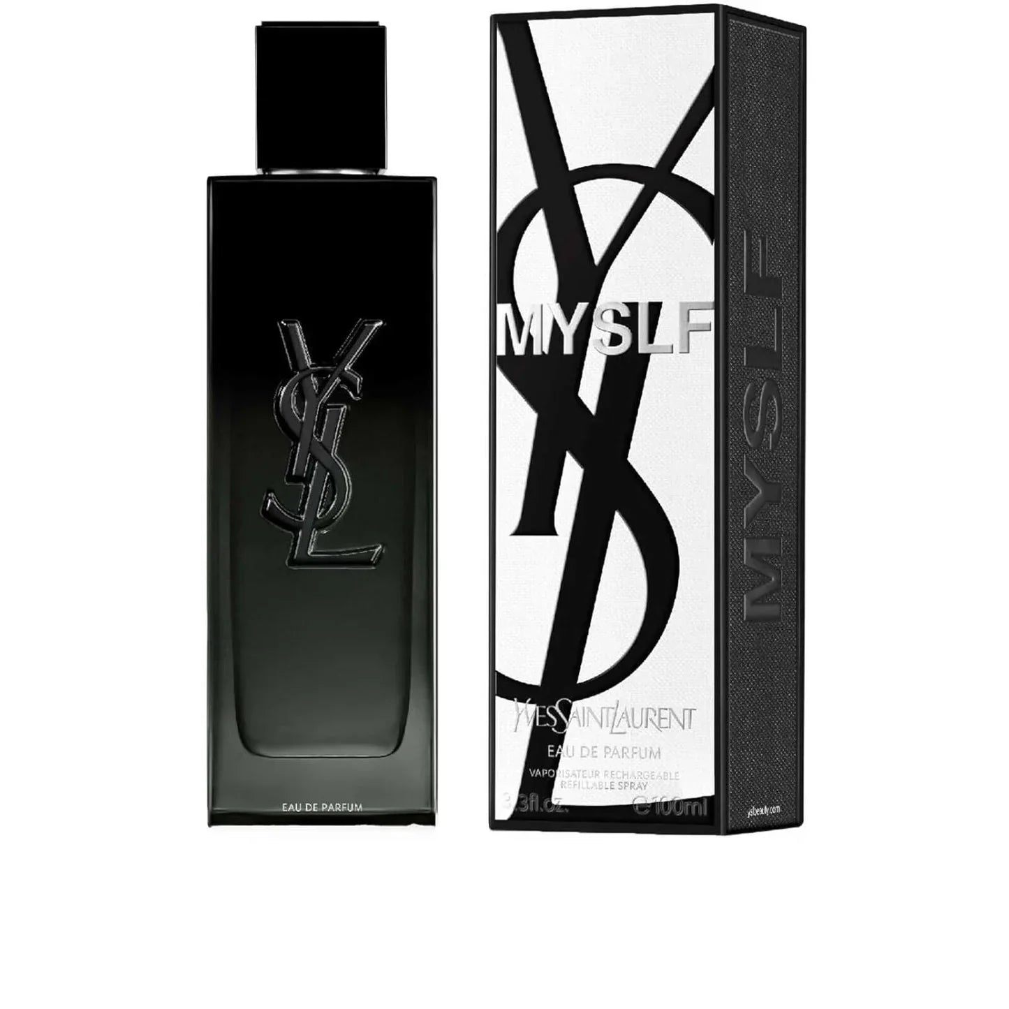 Black YSL perfume bottle and packaging on a white background